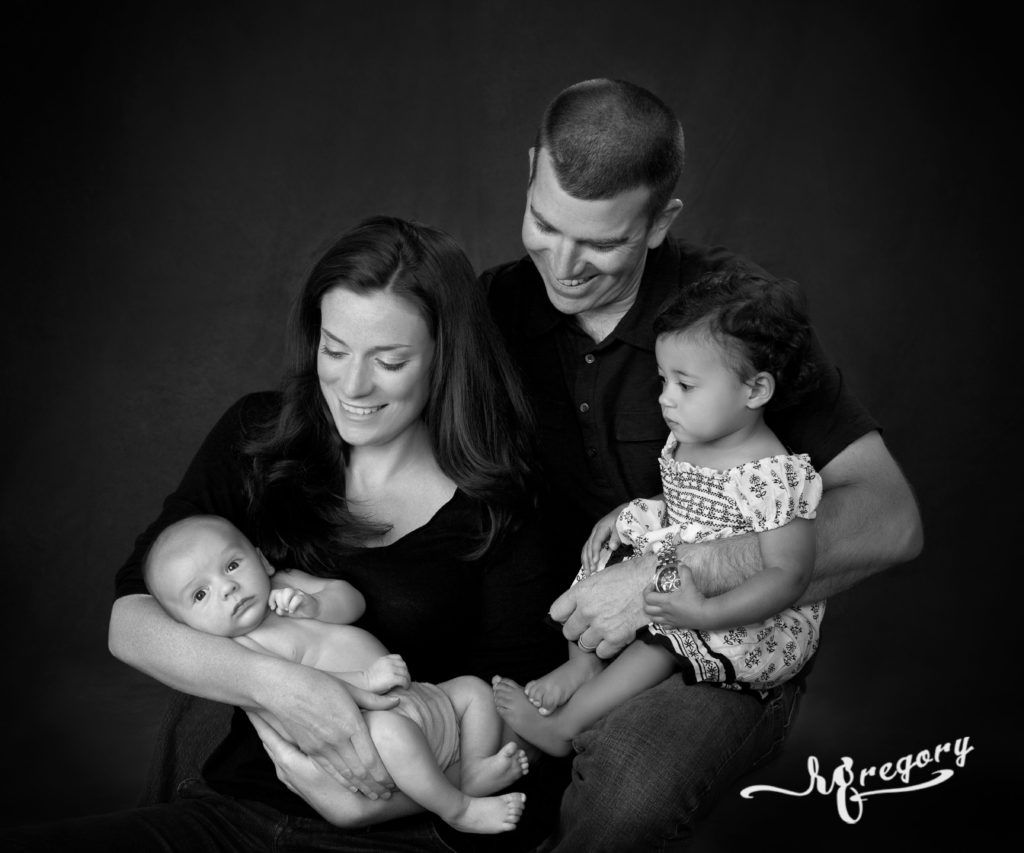 Family Portrait black and white with newborn and child